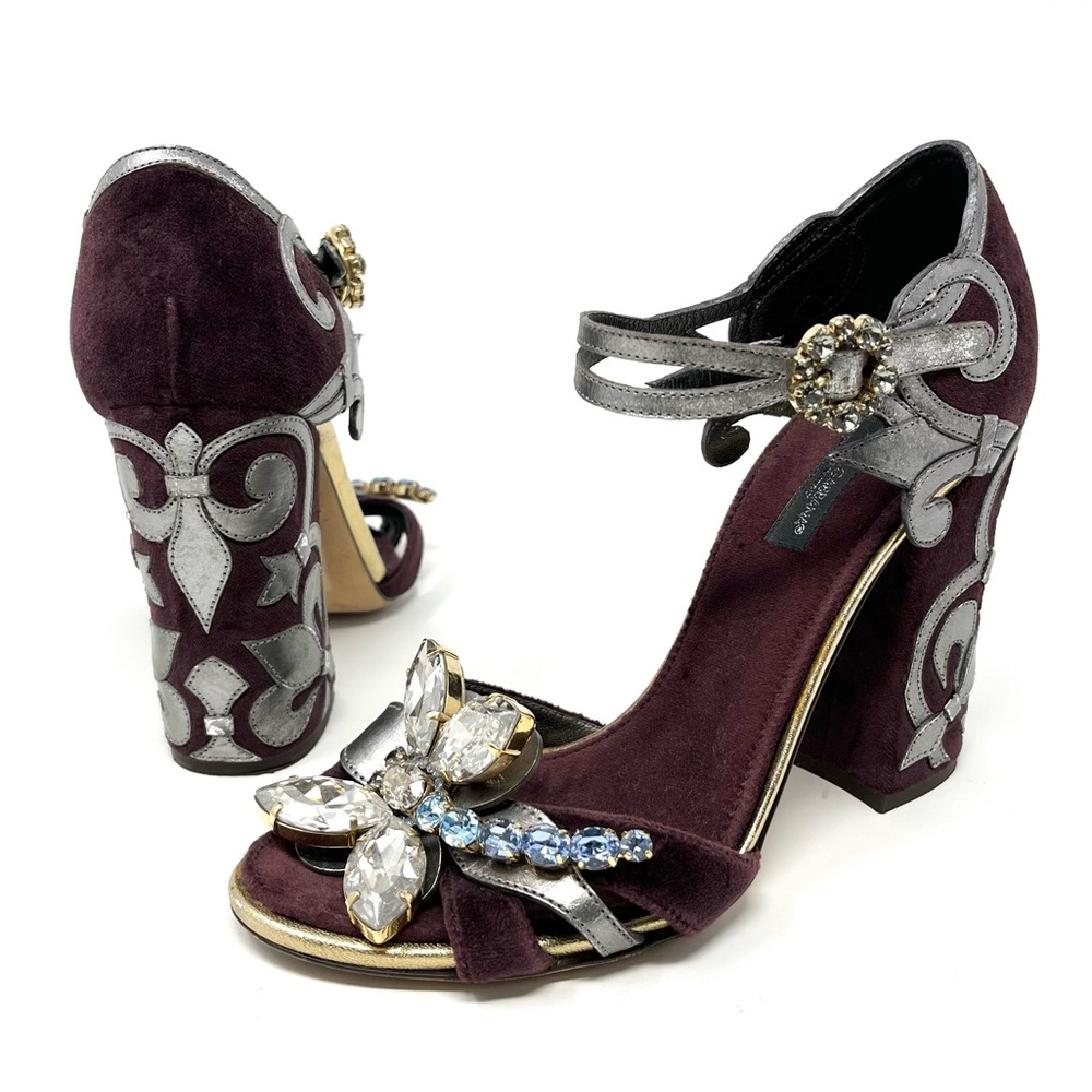 Dolce & And Gabbana Velvet Baroque Crystal Dragonfly Heels Shoes Sandals 37 7 - Picture 12 of 12